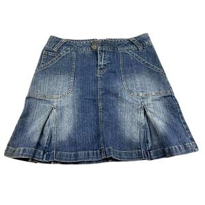 725 Originals Skirt Women M Blue Denim Star Buttons Mini Flare Pleated VTG Y2K